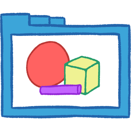 A hollow blue folder with thick lineart. It contains a pink circle, a pale green cube, and a small purple cylinder laid horizontally.
